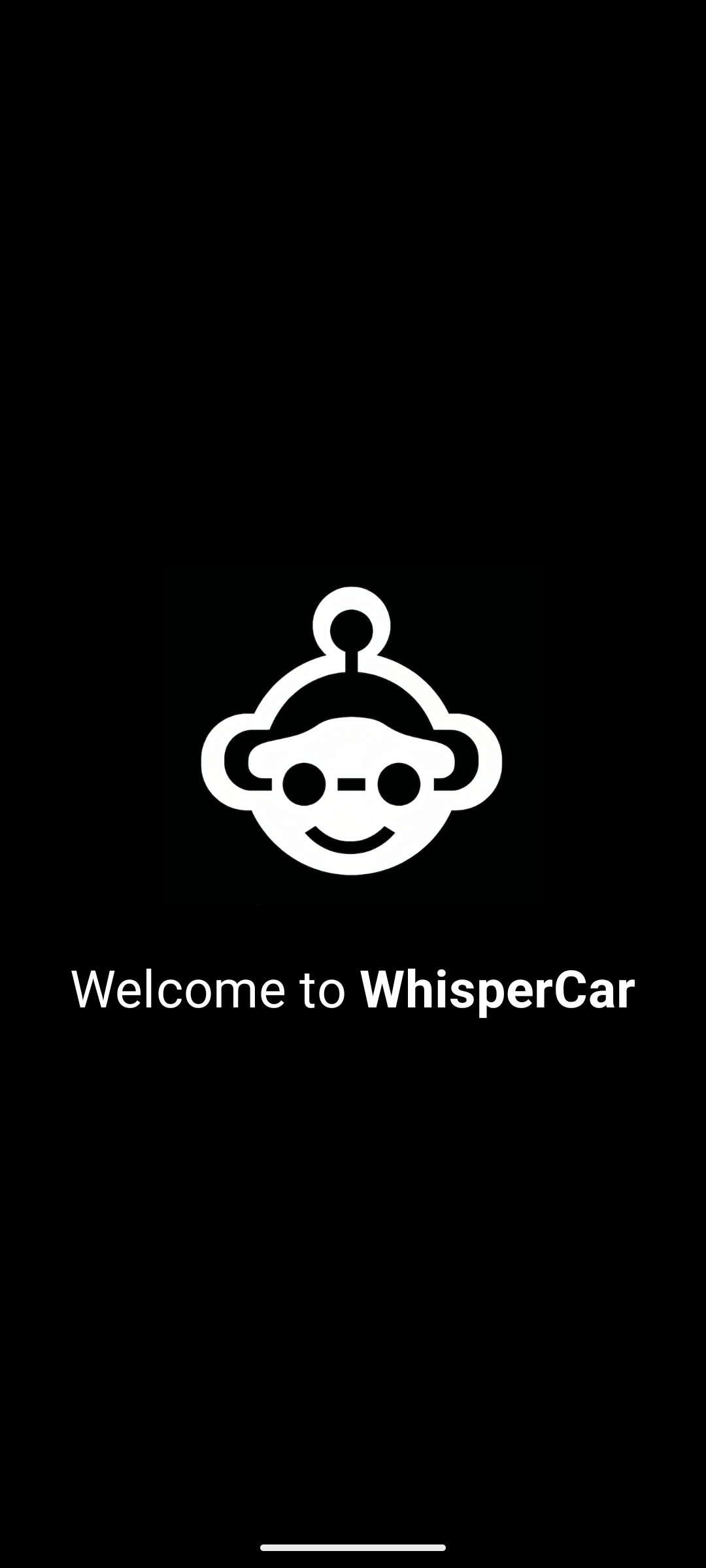 WhisperCar welcome screen — AI car assistant app for Android