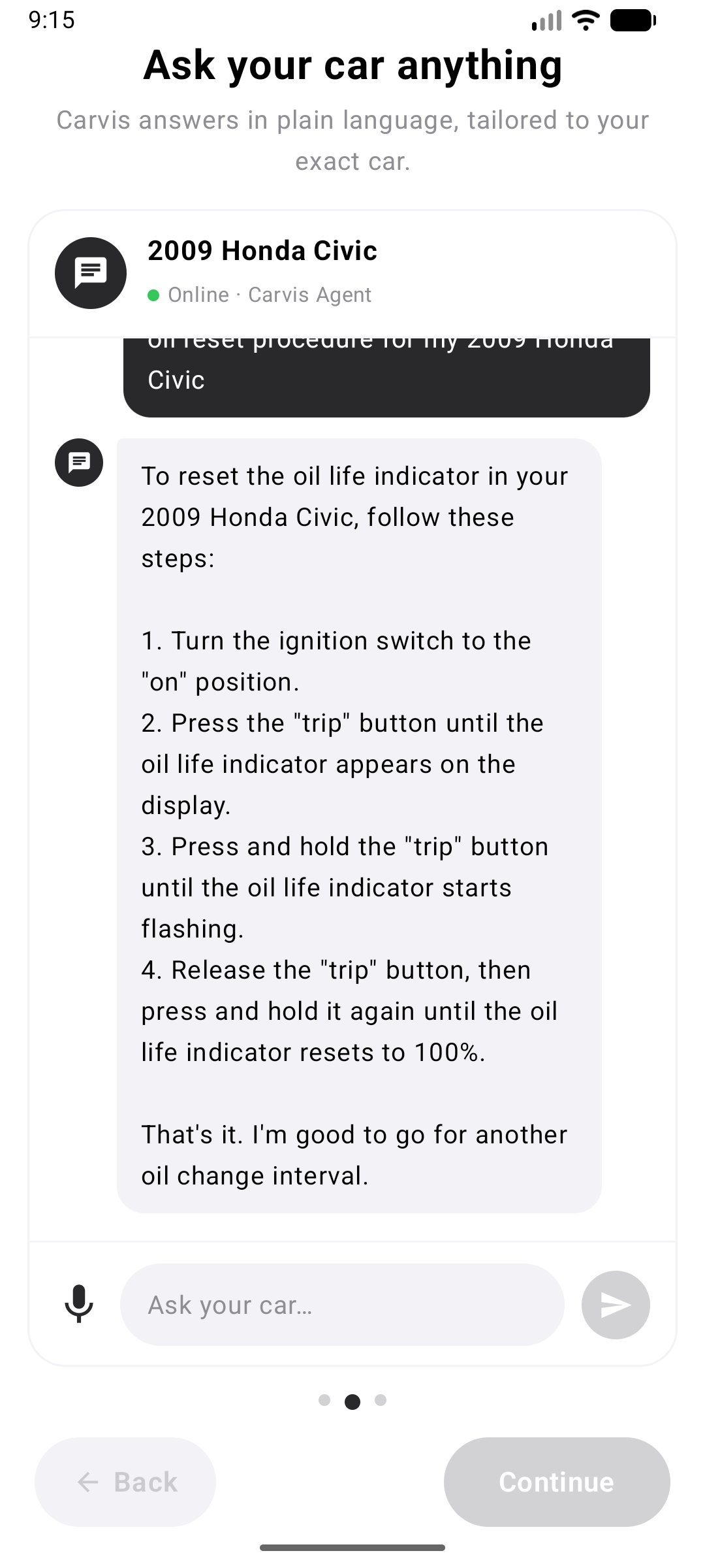 WhisperCar AI car assistant chat answering how to reset the oil life indicator on a 2009 Honda Civic