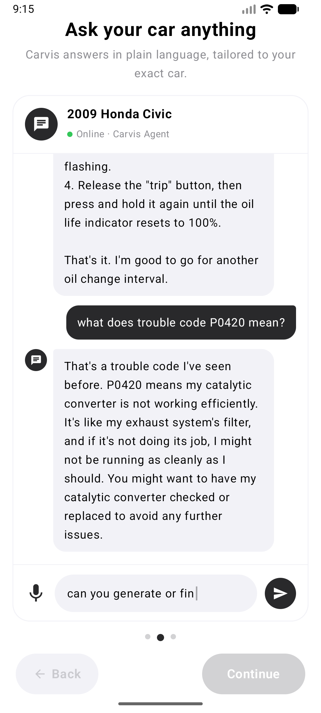 WhisperCar explaining what trouble code P0420 means in plain English