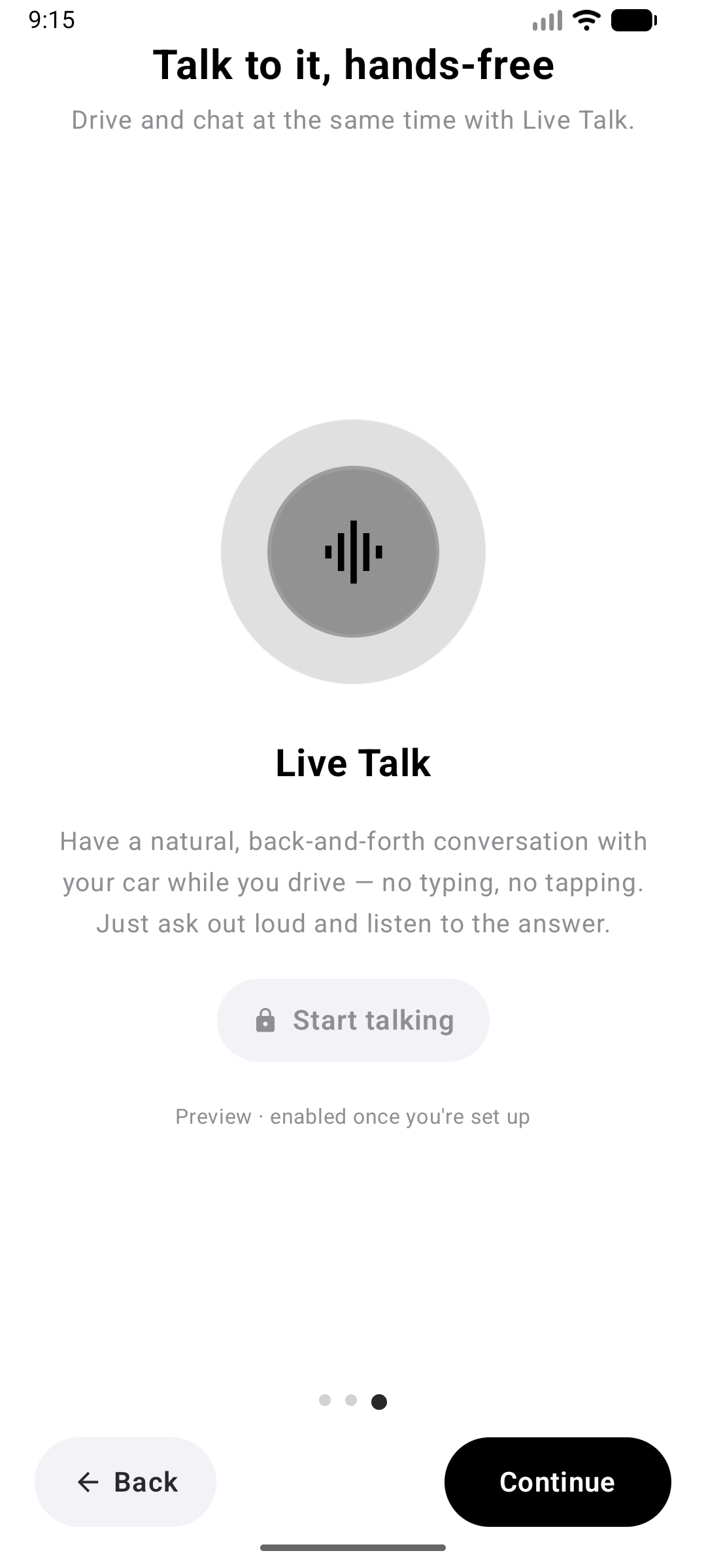 Live Talk hands-free voice mode — talk to your car while driving